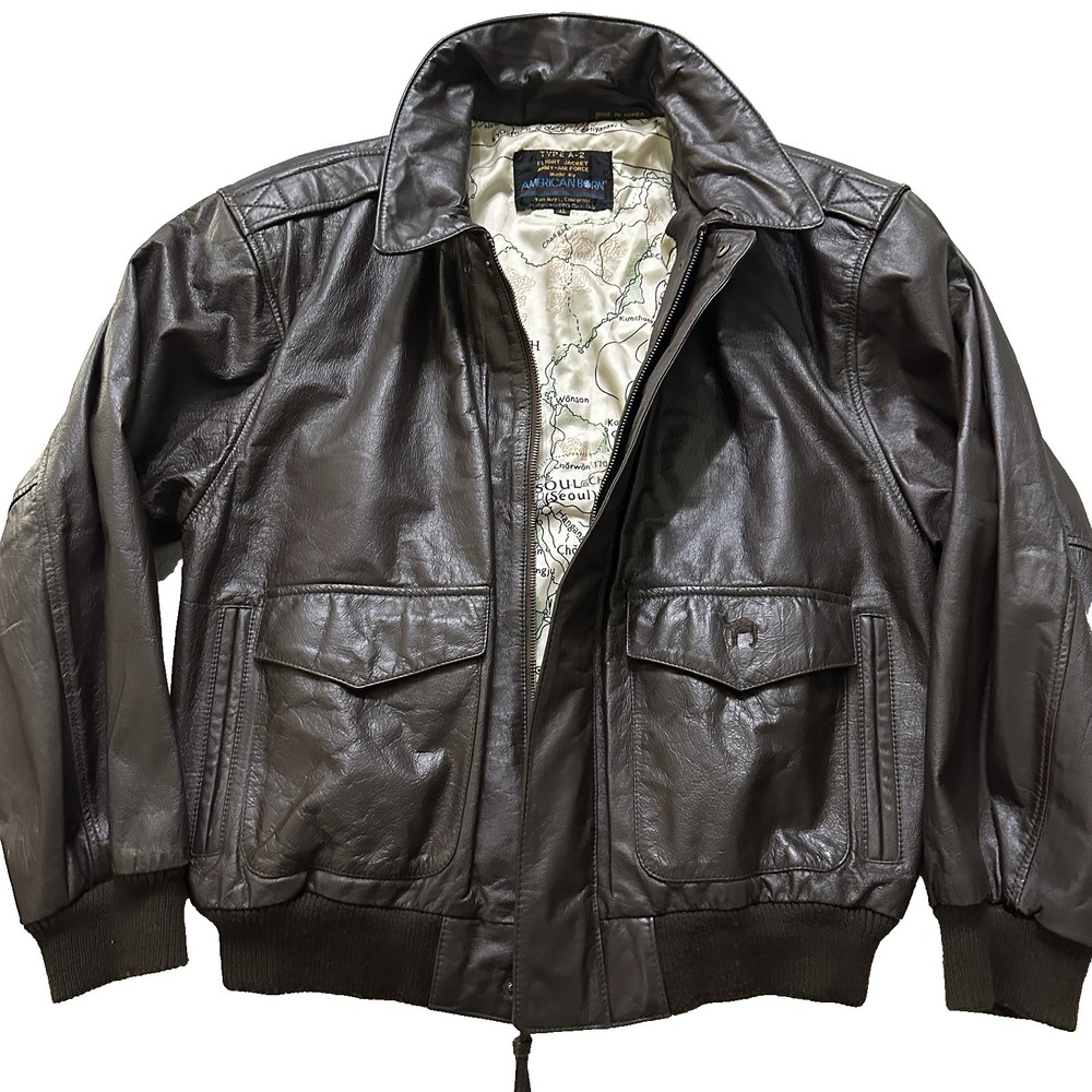 Vtg 1991 Camel Joe A-2 Leather Flight Jacket American‎ Born Korea Map Lining XL